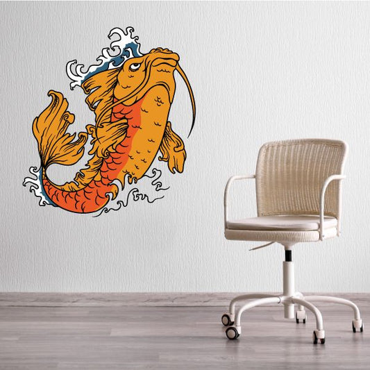 Orange and blue koi fish wall decal with flowing waves, vinyl sticker for cars or walls
