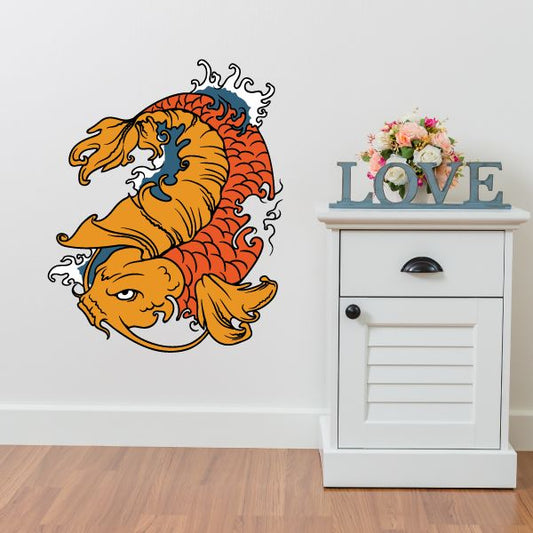 Colorful koi fish wall decal vinyl car sticker with orange and red scales, blue accents