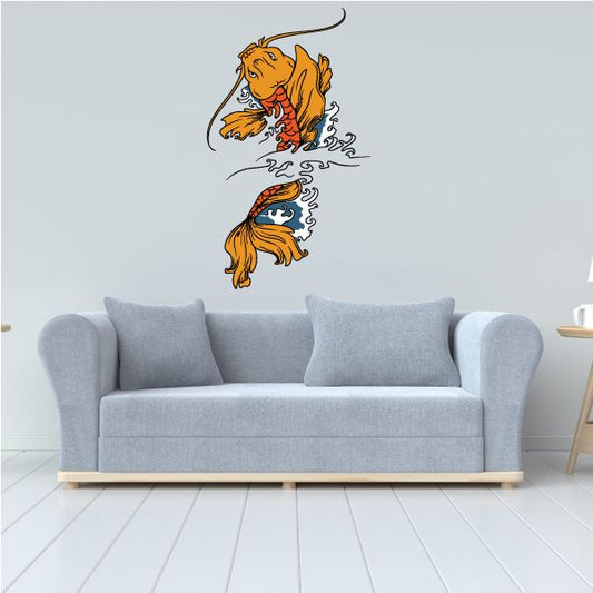 Koi fish wall decal with orange and blue fish in mirrored swirl design