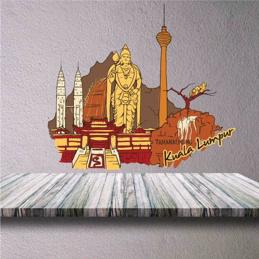 City landmark sticker with golden statue, skyline, and red bridge text Kuala Lumpur
