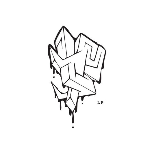 Graffiti-style decal with black and white tag and small LP mark