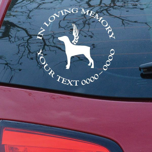 White lab with wings memorial decal: 'In Loving Memory' on dark glass