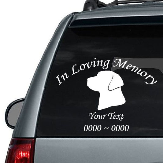 Custom In Loving Memory decal with dog silhouette, 'In Loving Memory' and 'Your Text'