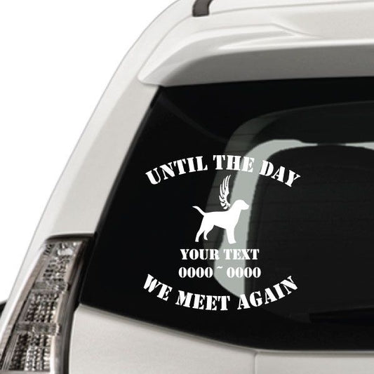 Memorial car window decal with white winged dog silhouette and quote text