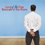 Patriotic die-cut wall decal with red and white text: Land of the Free, Brave