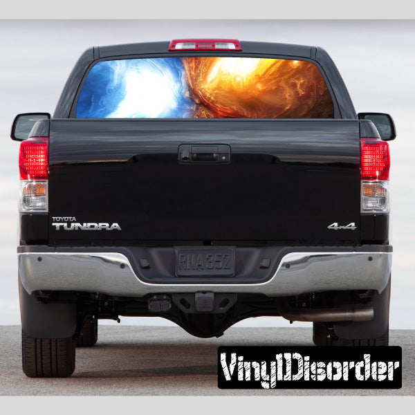 Pickup truck rear window graphic with bright landscape view