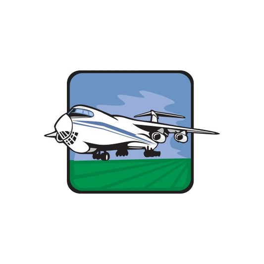 Large airplane sticker with white jet and blue sky over green ground