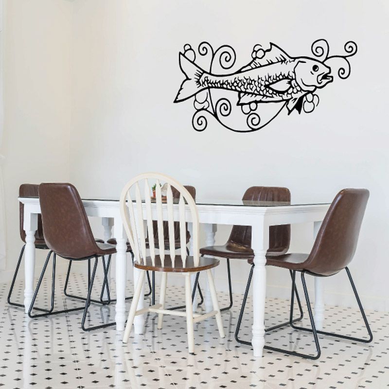 Large bass fish and swirl vines wall decal, black line art