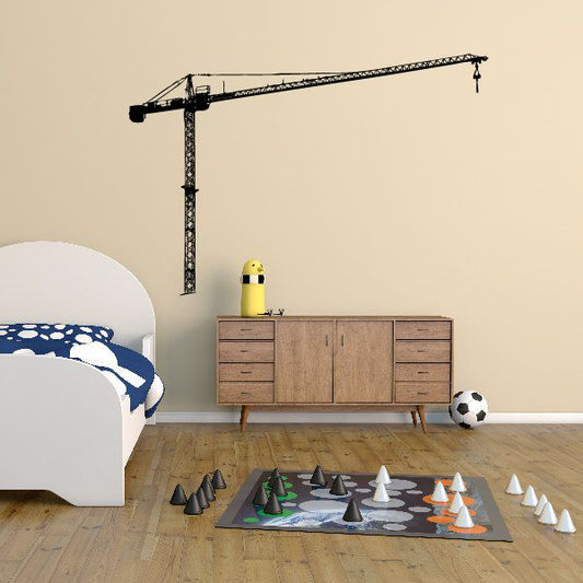 Large construction crane wall decal with long boom and hanging hook.