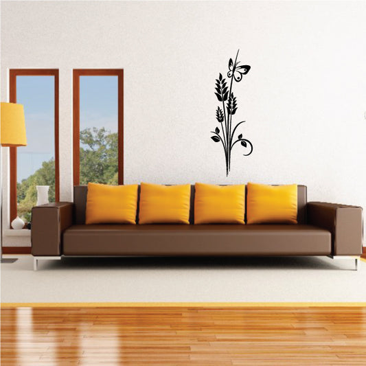 Black floral butterfly wall decal with vine leaves