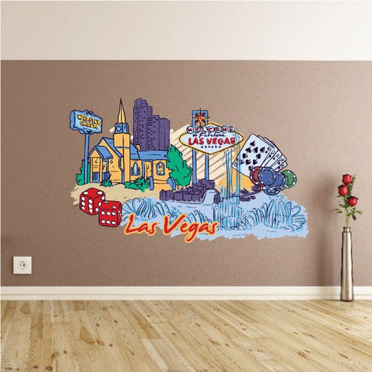 Colorful Las Vegas skyline sticker with buildings, dice, and 'Las Vegas' text