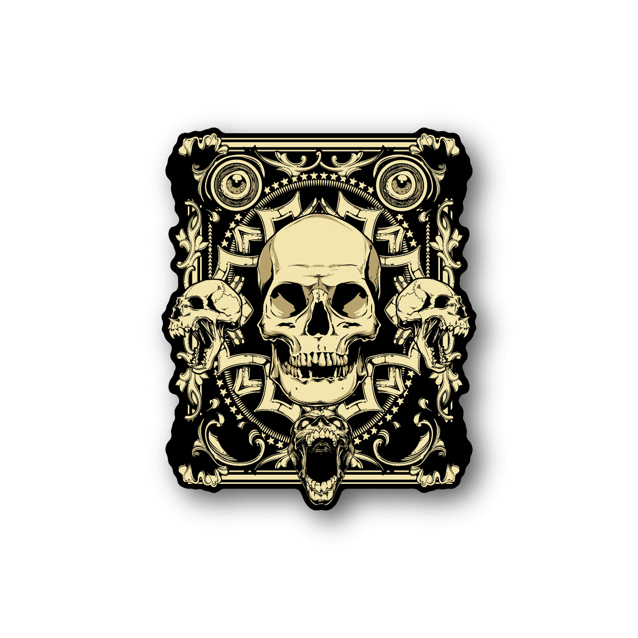 Vinyl sticker with gold skull illustration and ornate frame, dark backdrop
