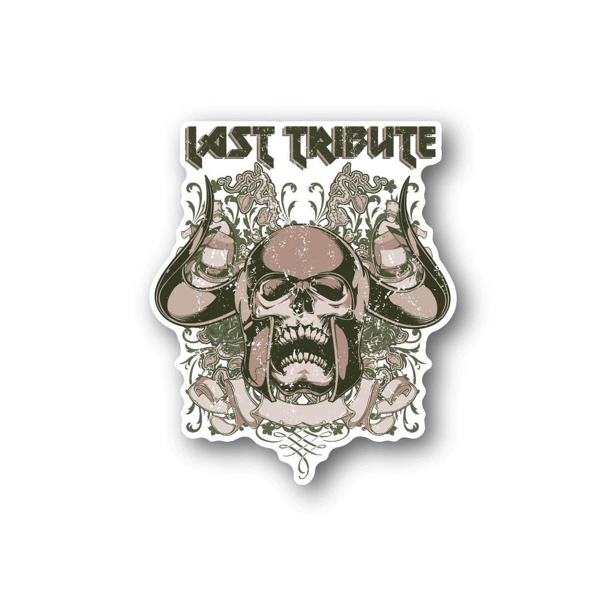 Devil skull vinyl sticker with ornate green-and-cream graphics and Last Tribute text
