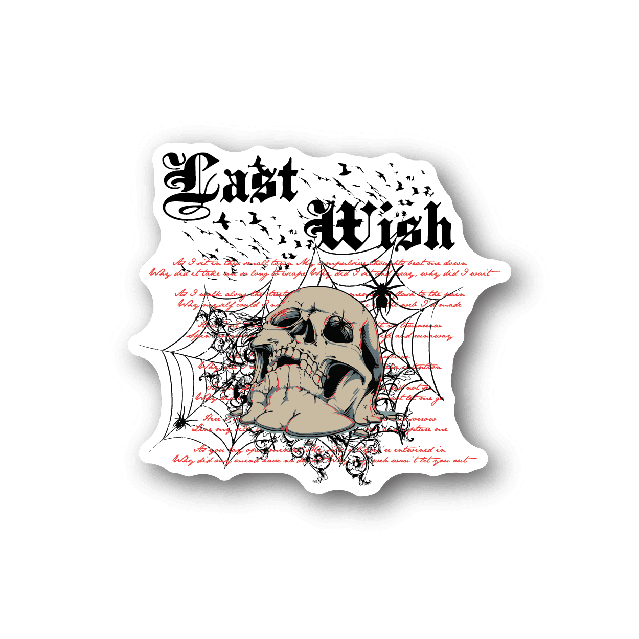Skull and spider-web vinyl sticker with bold dark lettering and red details