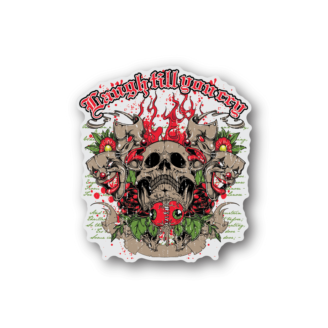 Clown vinyl sticker with skull, red flames, and three clown faces in circle design