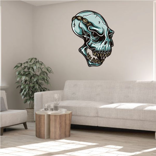 Laughing alien skull sticker with teal and black detailed cartoon face
