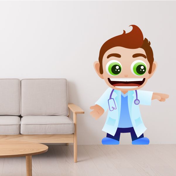 Cartoon doctor sticker with red hair, green eyes, light blue coat and stethoscope.