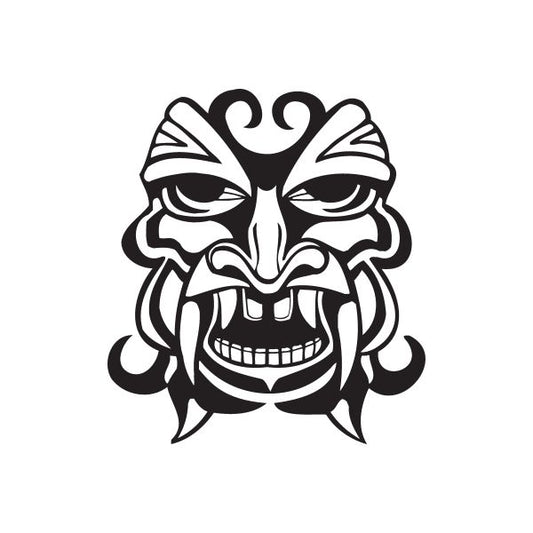 Black laughing tiki face decal with fanged grin and carved tribal details