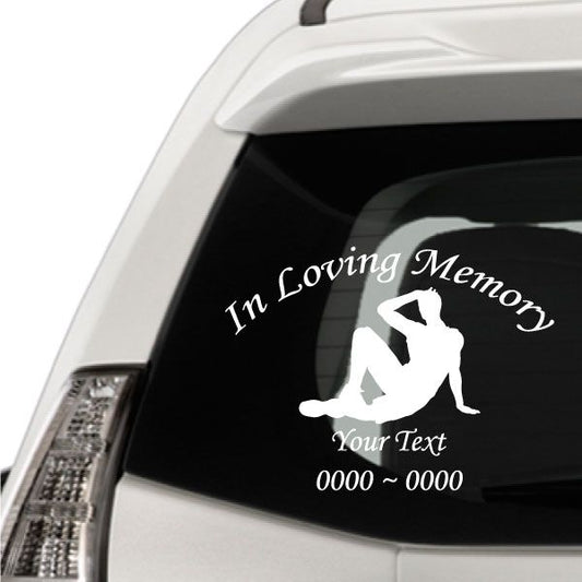Memorial car window decal with 'In Loving Memory' and dog silhouette