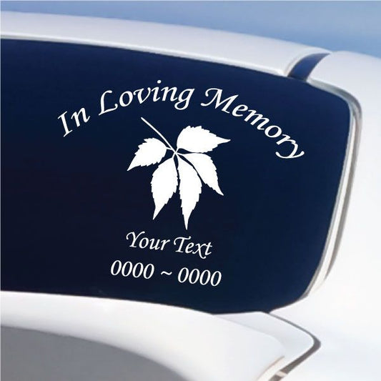 In Loving Memory memorial leaf decal with white script text and customizable message