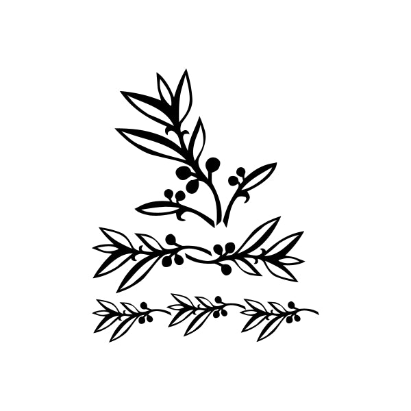 Leaf decals set, central branch with berries and long leaf strokes, black