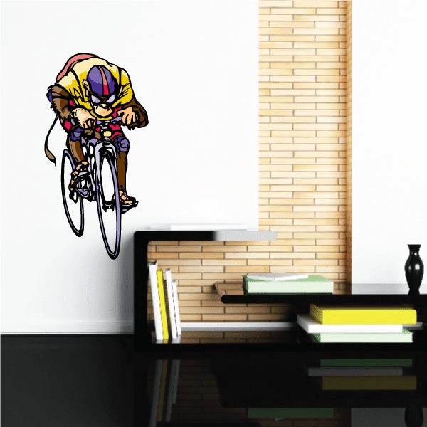 Leaning-forward cyclist sticker with colorful helmet and bike