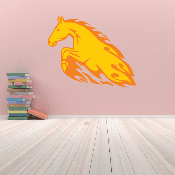 Leaping fire horse sticker, orange horse with flame pattern, stylized side view