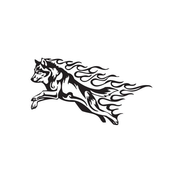 Leaping fire wolf decal, black outline with flame details