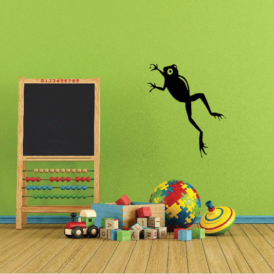 Black leaping frog wall decal, arms up and legs stretched