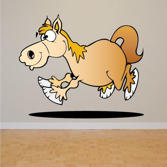 Leaping cartoon horse sticker with white face and black outline, orange mane and legs