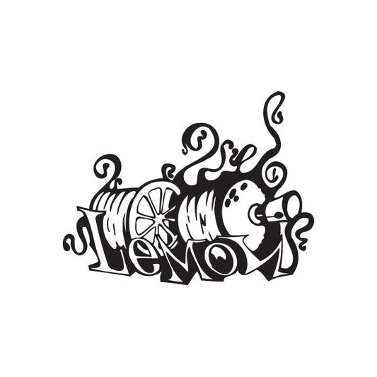 Black graffiti-style decal with stylized lettering and swirling accents