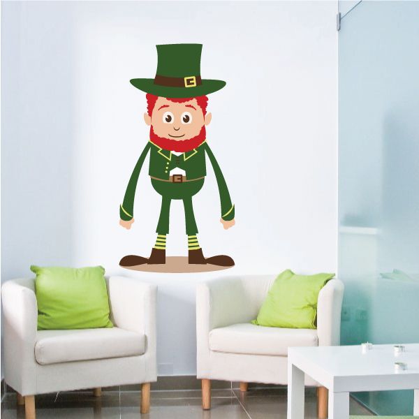 Standing leprechaun sticker, green hat and suit with red beard, full figure