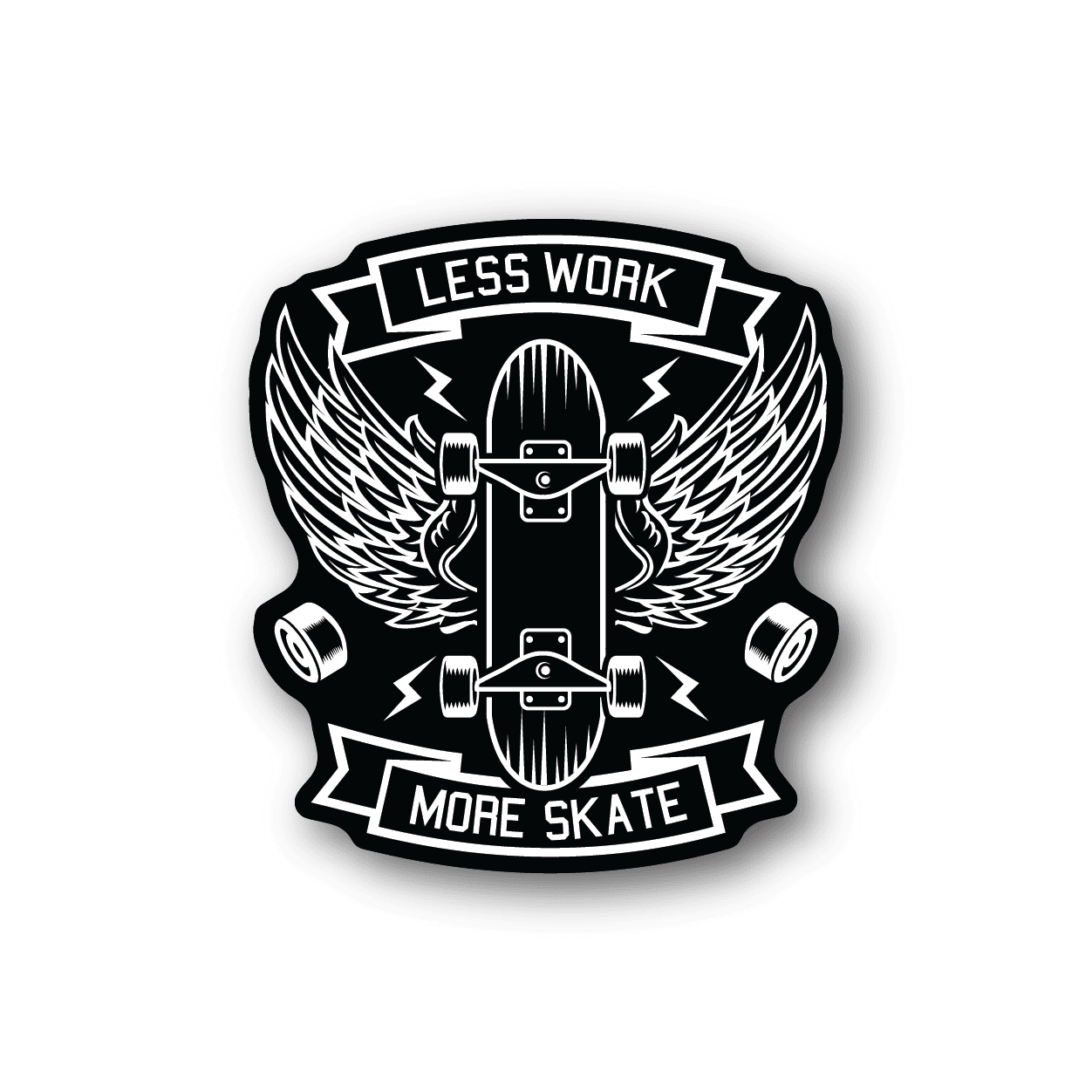 Vinyl sticker with skateboard graphic and banner text, monochrome black and white