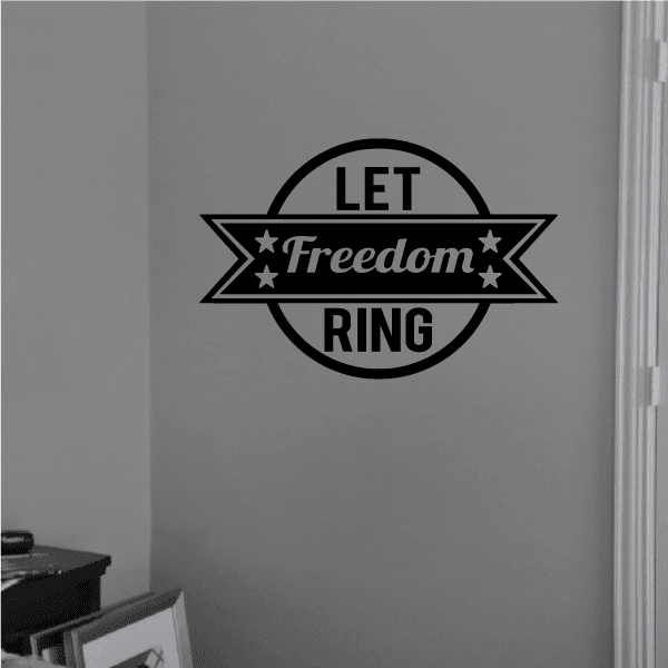 Black wall decal: circular emblem with ribbon 'Let Freedom Ring' and stars
