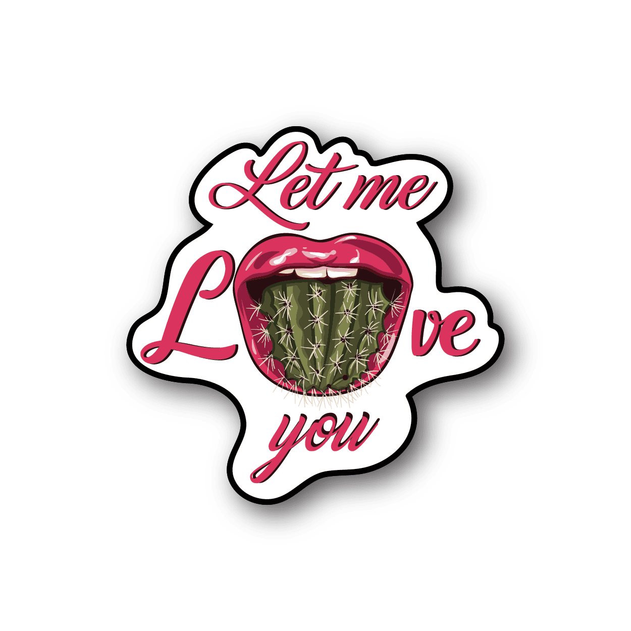 Vinyl sticker face with cactus tongue in red and pink script lettering