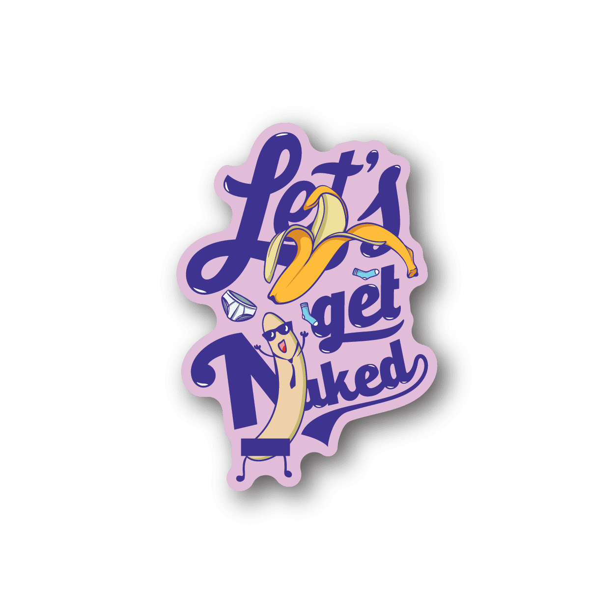 Vinyl sticker with purple lettering and a yellow banana character illustration