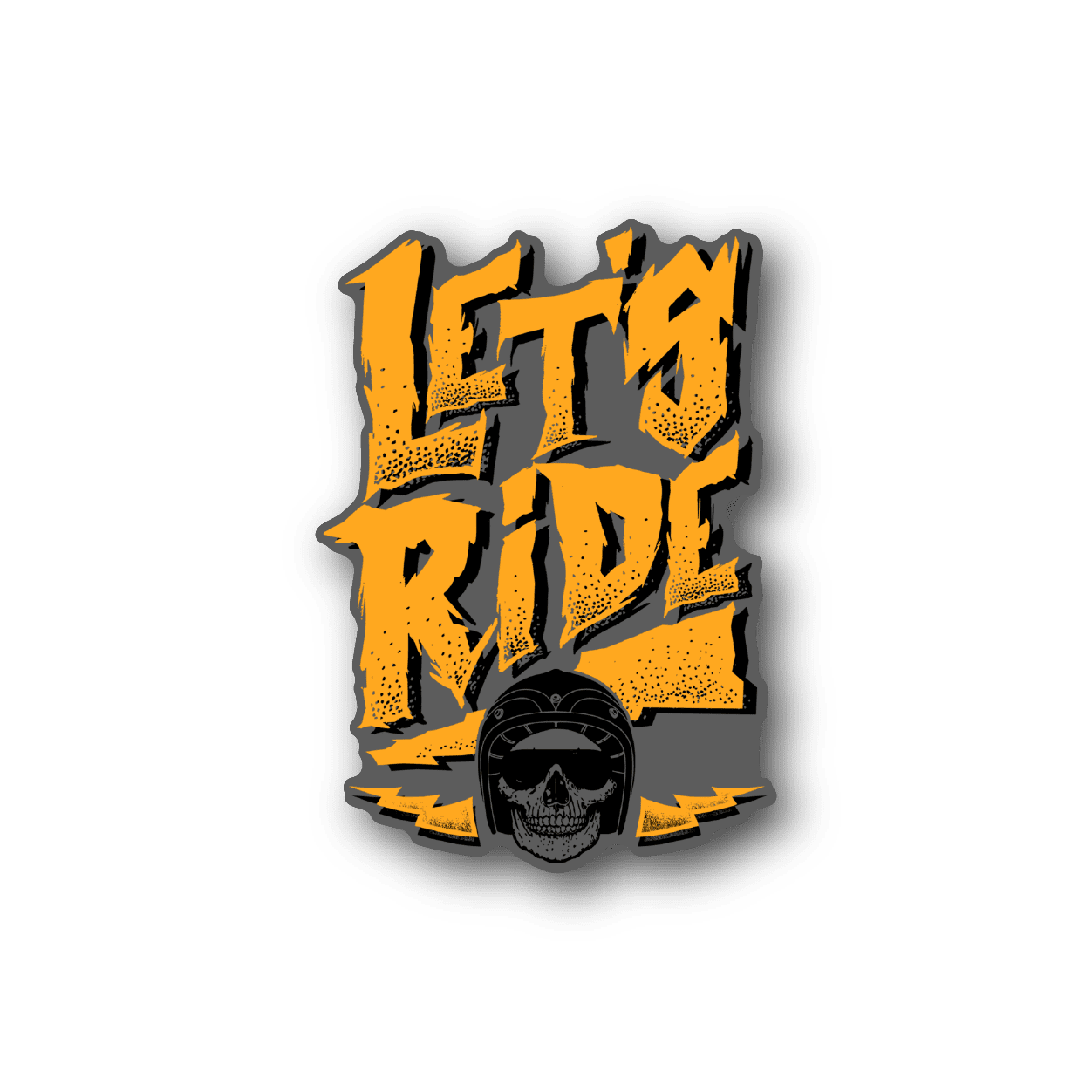 Vinyl sticker with yellow 'LET'S RIDE' text and skull graphic