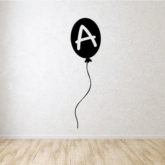 Letter A balloon decal, black balloon with white outlined A and hanging string