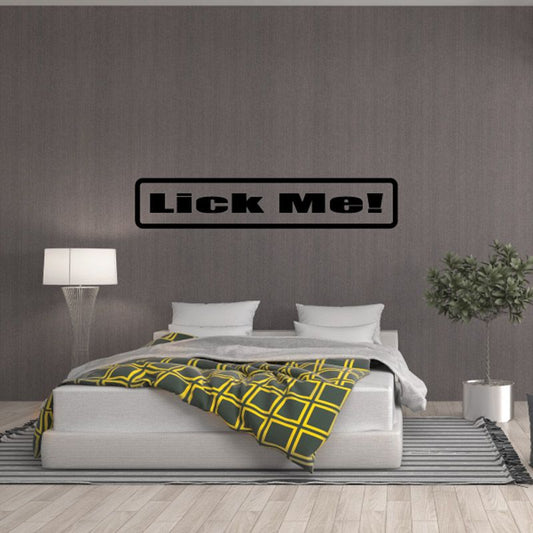 Lick Me! decal: rectangular black text with border and exclamation mark