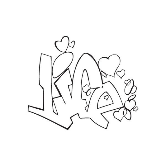 Graffiti-style life word decal with heart outlines, black line art