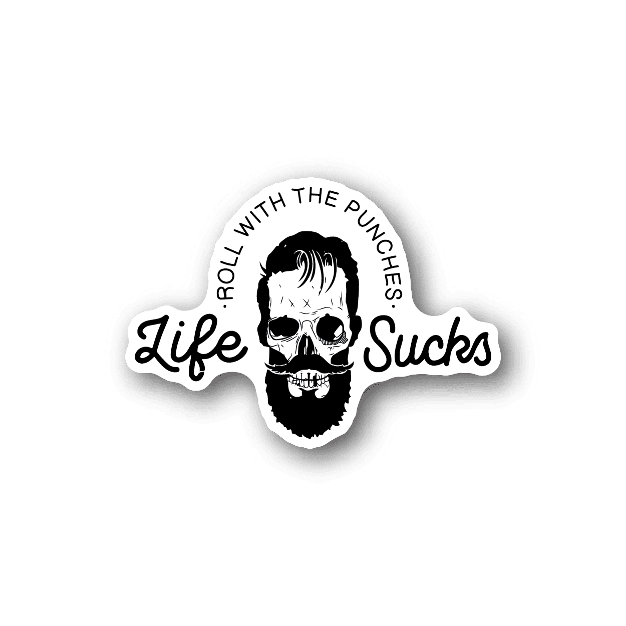 Skull face vinyl sticker with bearded grin and circular slogan, black and white