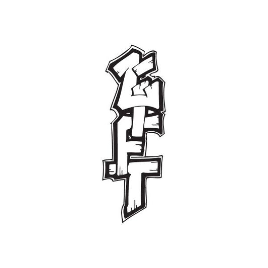 Black and white graffiti-style decal with angular letter shapes