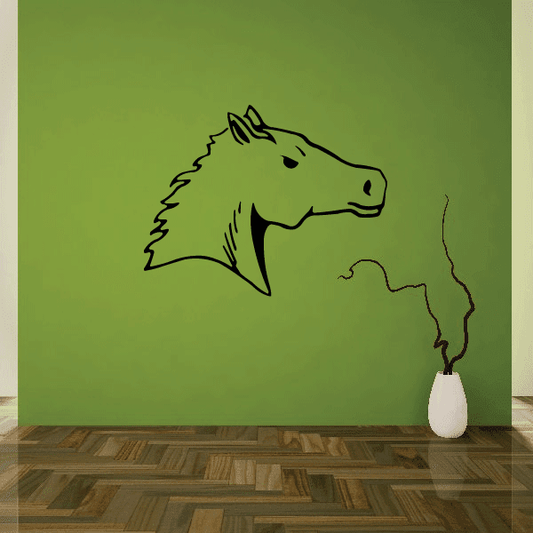Horse head decal in black line art, angled profile with raised forelock