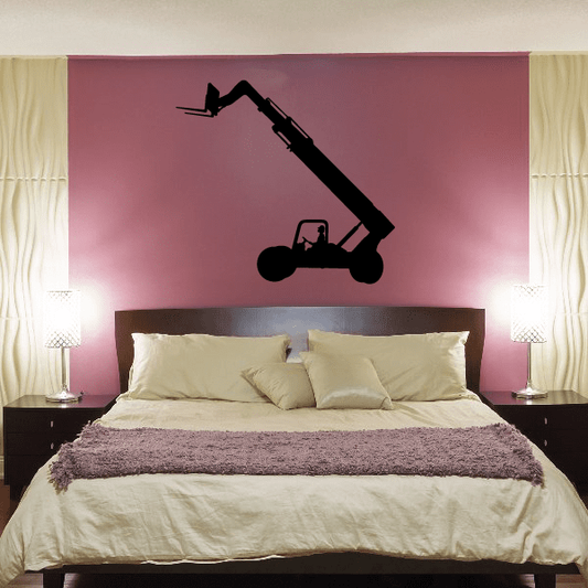 Forklift decal with raised telescopic forks, black silhouette on dark purple wall