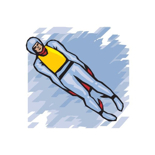 Light blue luge rider decal with yellow front panel and red accents