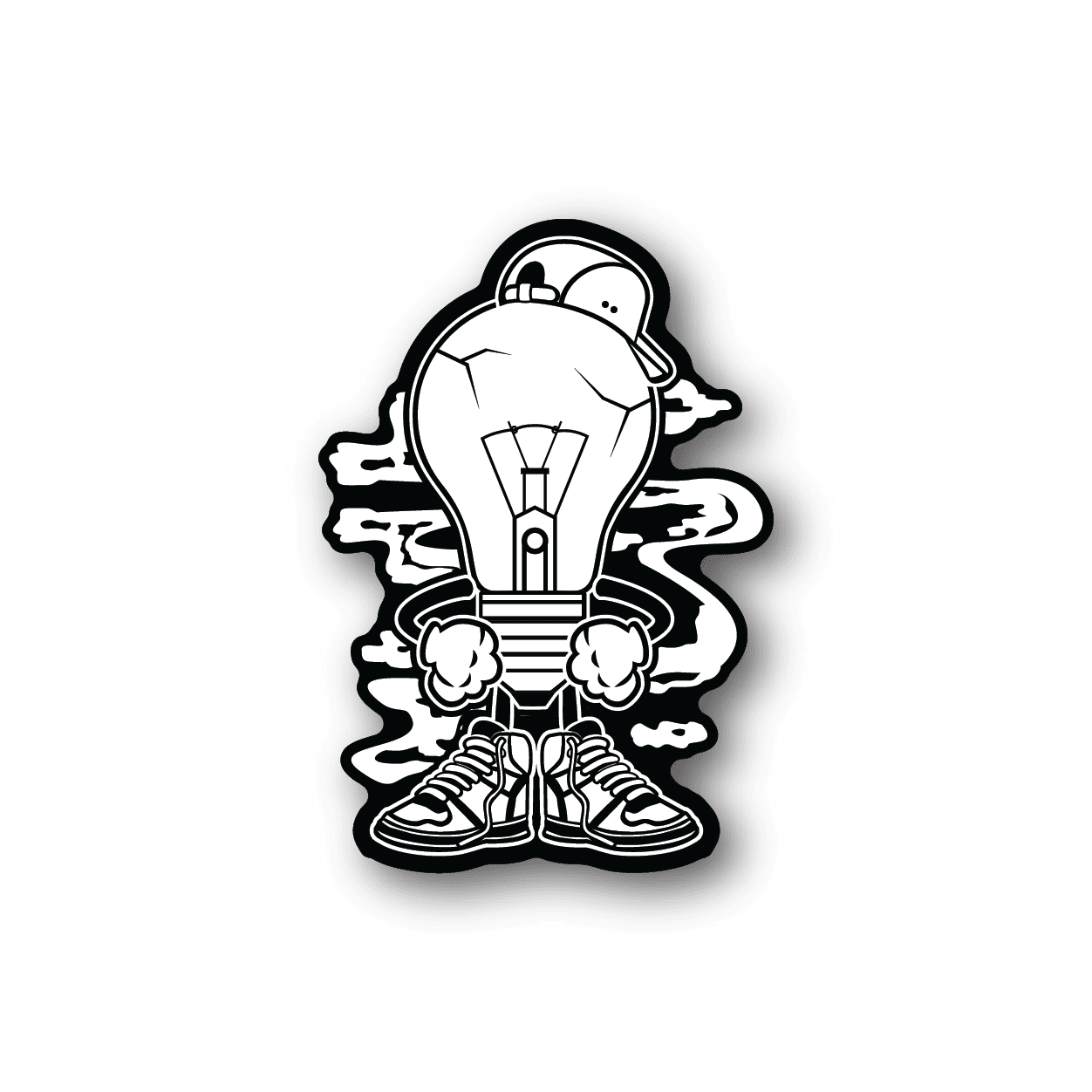 Light boy vinyl sticker with white character and black outline holding a lightbulb