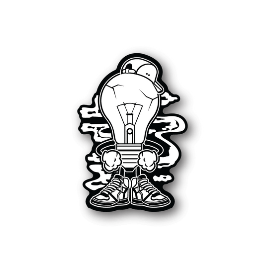 Light boy vinyl sticker with white character and black outline holding a lightbulb