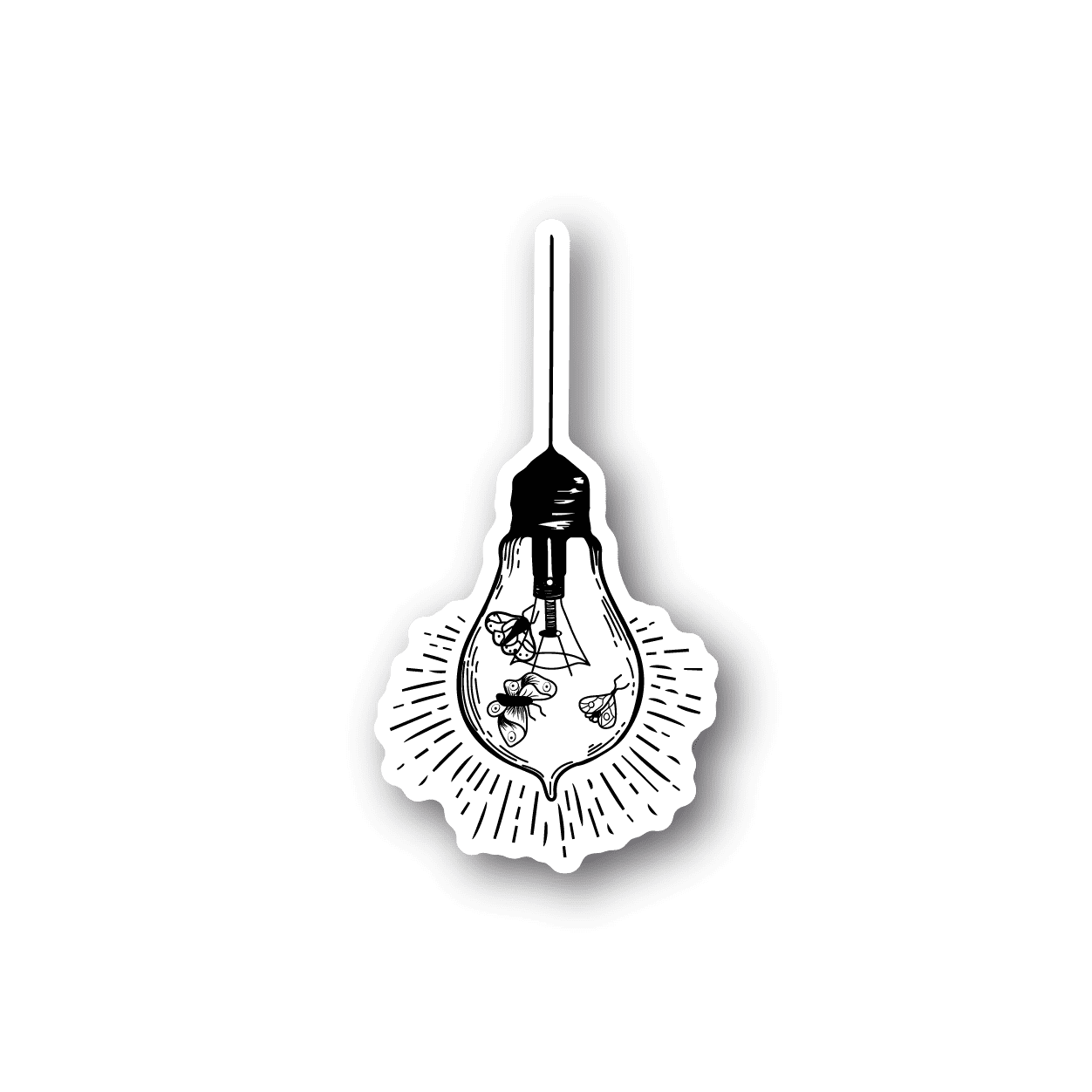 Vinyl sticker: light bulb with small bugs inside, black-and-white outline