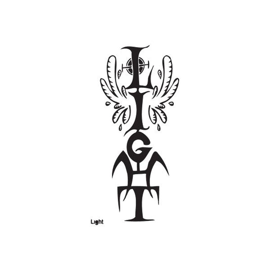 Black light graffiti decal with stylized winged torch figure and small “Light” text