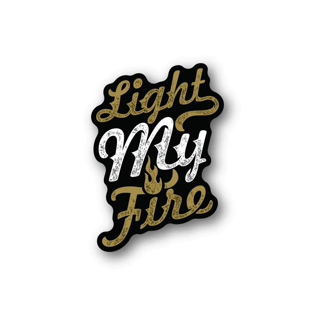 Vinyl sticker with dark outline and gold and white cursive text